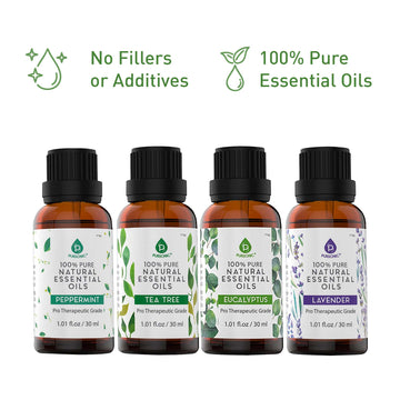 4-Pack Pure & Natural Essential Oils Collection – Eucalyptus, Lavender, Tea Tree, and Peppermint