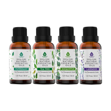 4-Pack Pure & Natural Essential Oils Collection – Eucalyptus, Lavender, Tea Tree, and Peppermint
