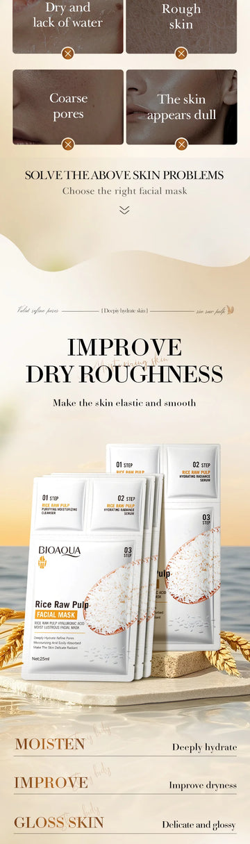 5pcs BIOAQUA White Rice Face Mask Sets Moisturizing Whitening Anti Wrinkle Facial Serum Cleanser Face Masks Skin Care Kit