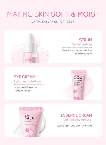 Skin Care Set Vitamin C Sakura Snail Essence Serum & Eye Cream & Face Cream Moisturizer Travel Size Skincare Set