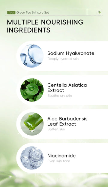 Green Tea Facial Cleaner Soothes Skin Face Toner tea Serum Moisturizing Cream Repairing Eye Cream Kits