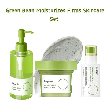 Korean Green Bean Beplain Set Foam, Face Pore Moisturizing Mung Bean Peptide Serum, Pore Clay Mask and Cleansing Oil Skincare Sets