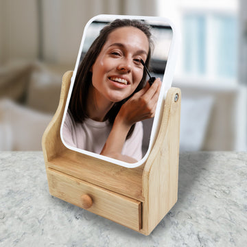 Dual-Sided Vanity Mirror with Bamboo Drawer Base